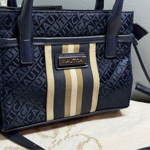 Nautica Blue Stripe canvas leather crossbody tote purse